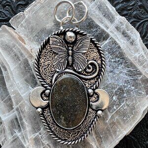 Butterfly Crescent Moon and Black Sunstone Crystal Jewelry Pendant